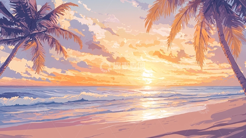 高清大图下载【趣麦麦图】日落海滩椰树风景