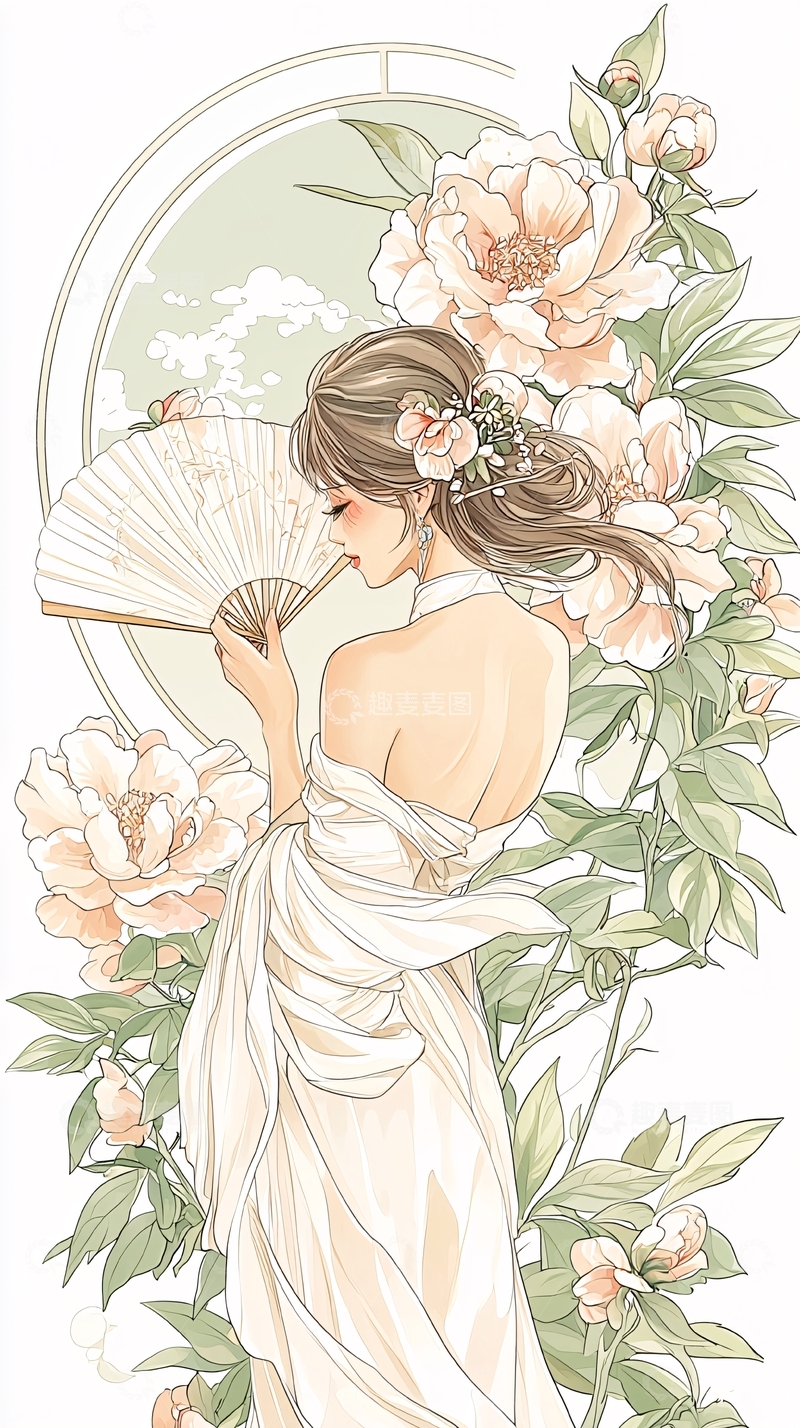 高清大图下载【趣麦麦图】古典美女与牡丹花扇