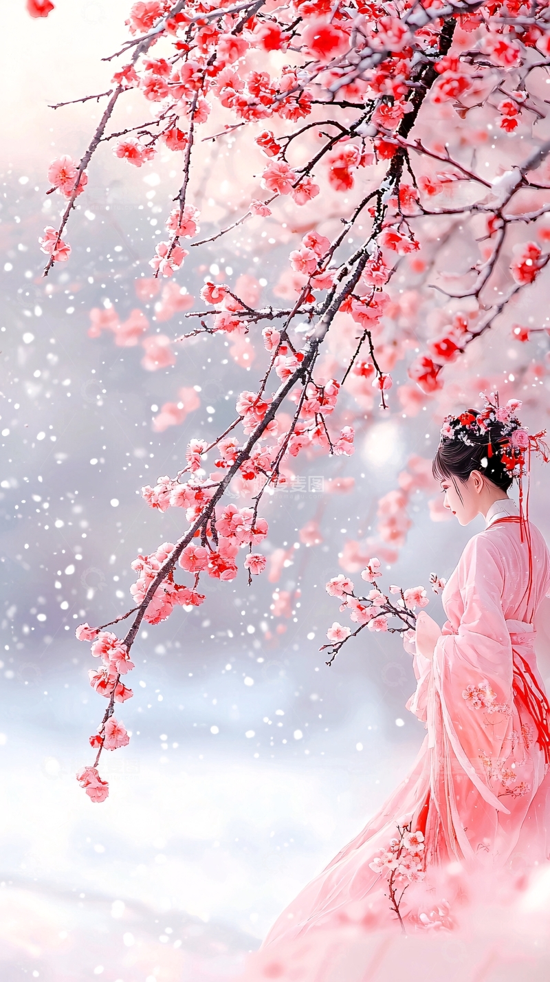 高清大图下载【趣麦麦图】雪中樱花下的女子