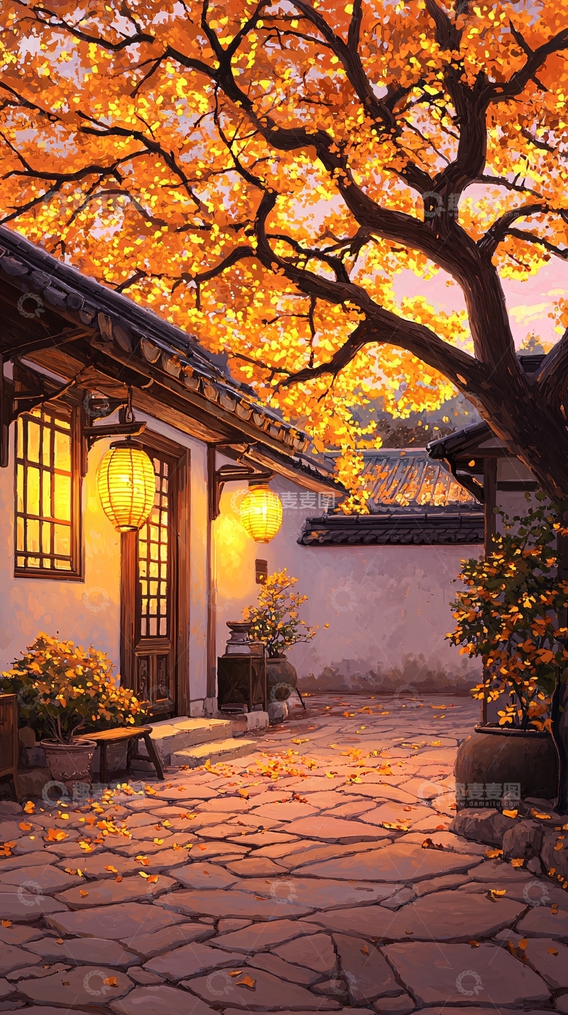 高清大图下载【趣麦麦图】秋日庭院灯笼光影