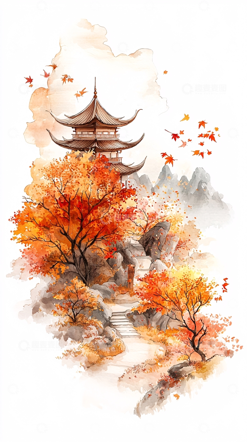 高清大图下载【趣麦麦图】秋日古塔山水画