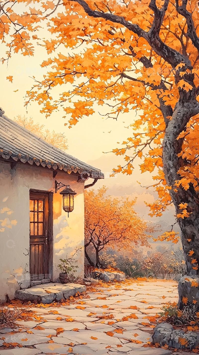 高清大图下载【趣麦麦图】秋日小屋与落叶