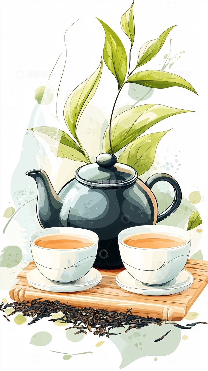 高清大图下载【趣麦麦图】茶壶与茶杯插画