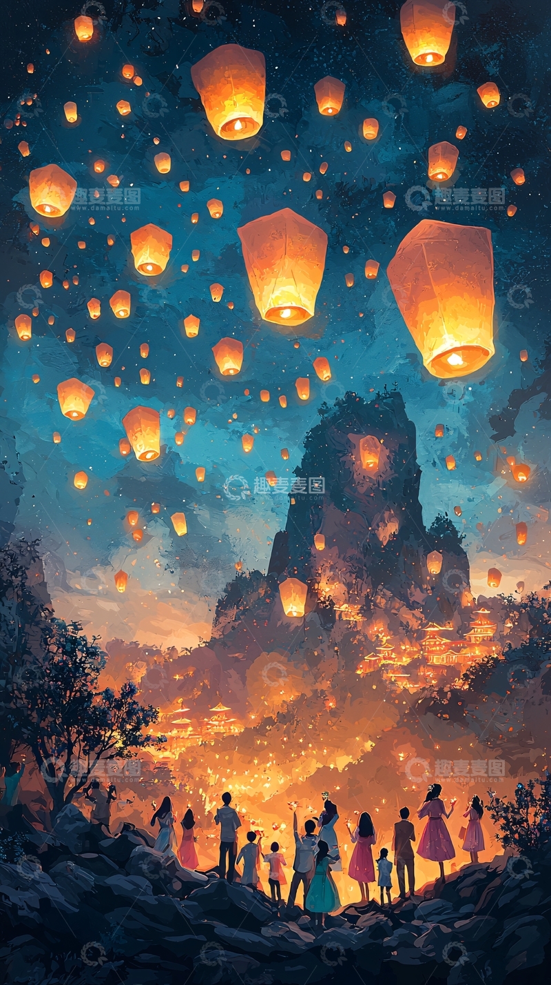 高清大图下载【趣麦麦图】放飞天灯的夜晚