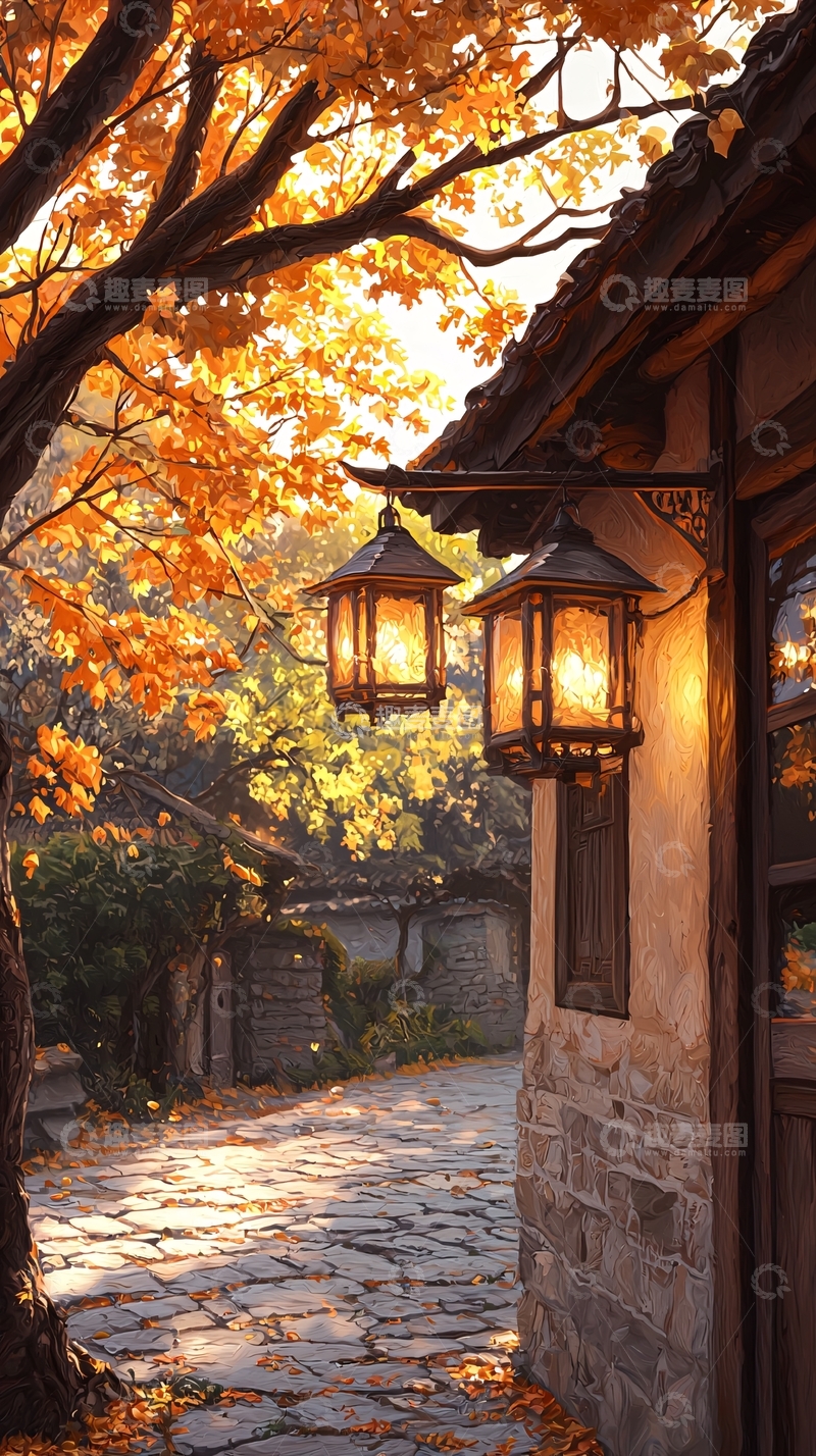 高清大图下载【趣麦麦图】秋日庭院灯笼光影
