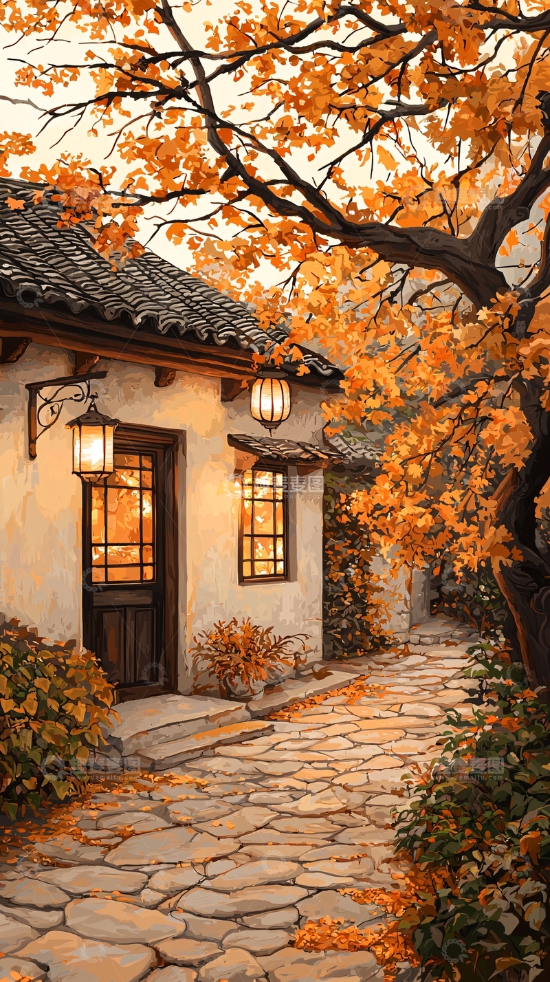 高清大图下载【趣麦麦图】秋日小屋石径灯火