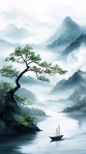 山水画中孤舟静泊