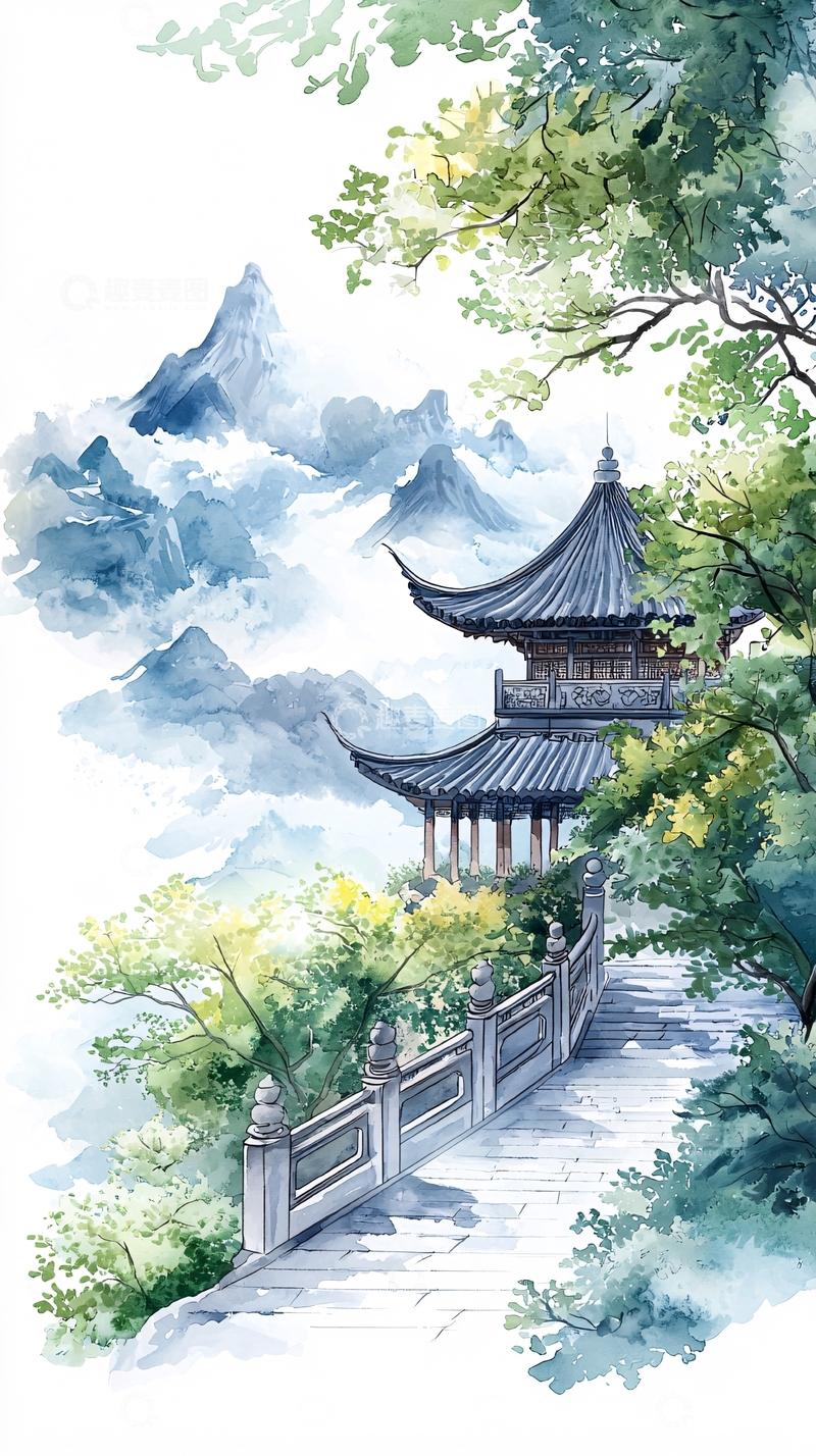 高清大图下载【趣麦麦图】山水亭阁古风画