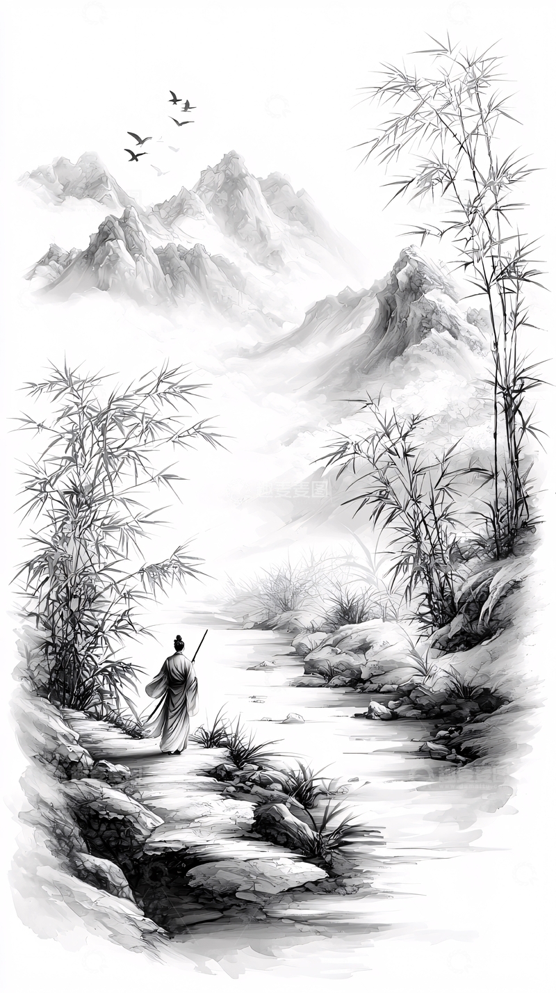 高清大图下载【趣麦麦图】山水竹林漫步图