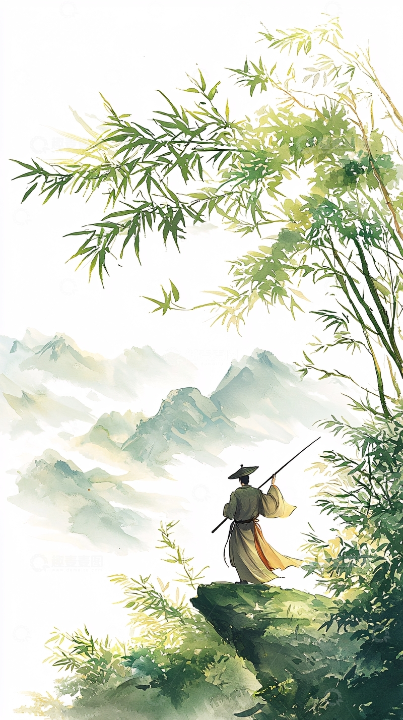 高清大图下载【趣麦麦图】山水竹林垂钓图