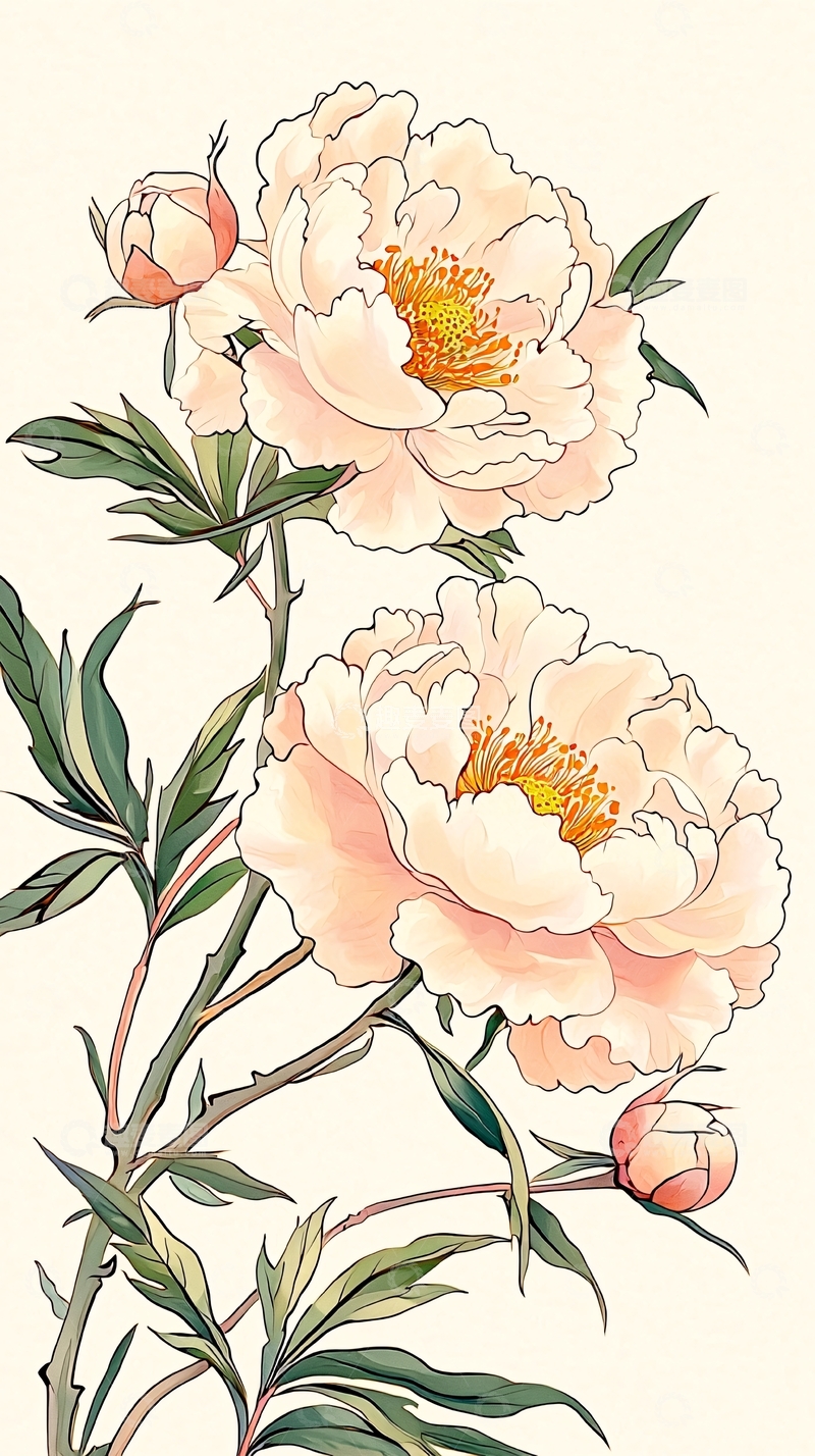 高清大图下载【趣麦麦图】牡丹花手绘插画素材
