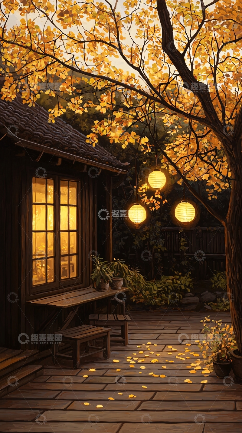 高清大图下载【趣麦麦图】秋夜庭院灯笼光影
