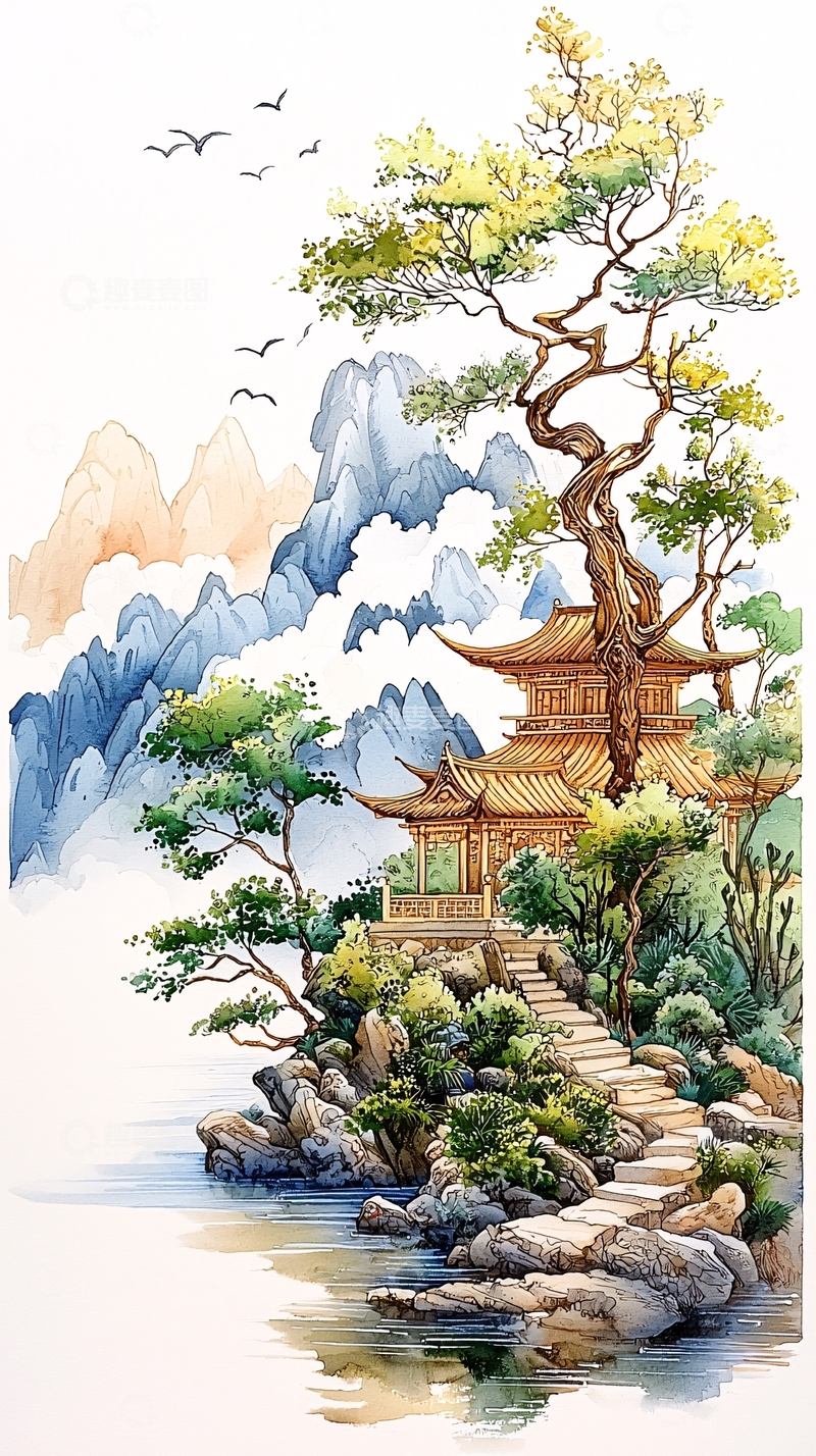 高清大图下载【趣麦麦图】山水画中的古亭与树木