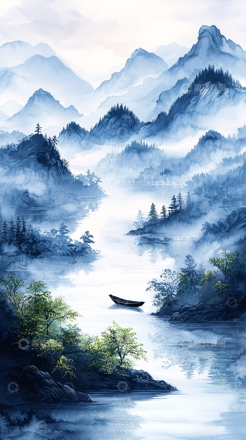 高清大图下载【趣麦麦图】山水画中的宁静湖景