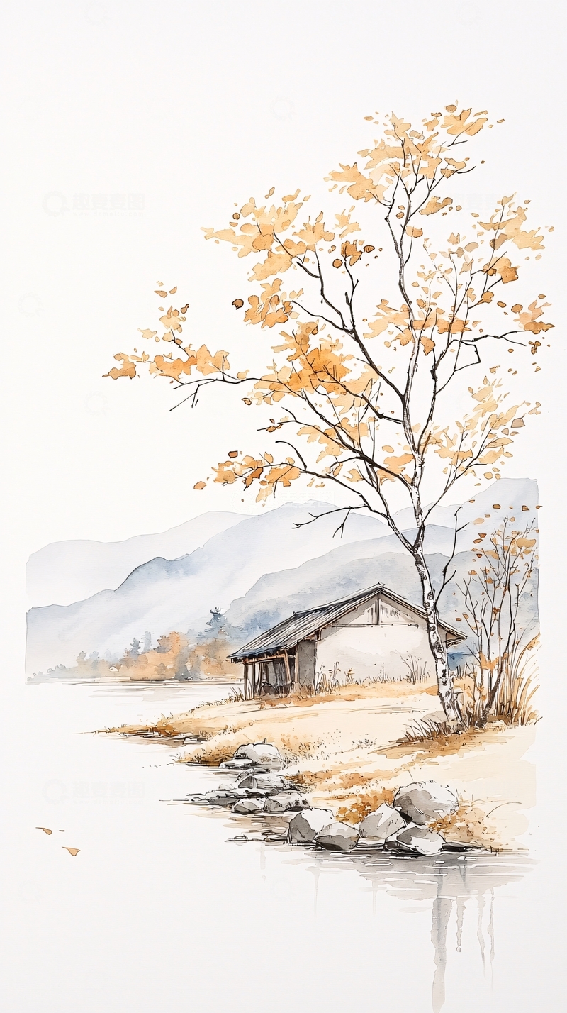高清大图下载【趣麦麦图】秋日河边小屋风景画