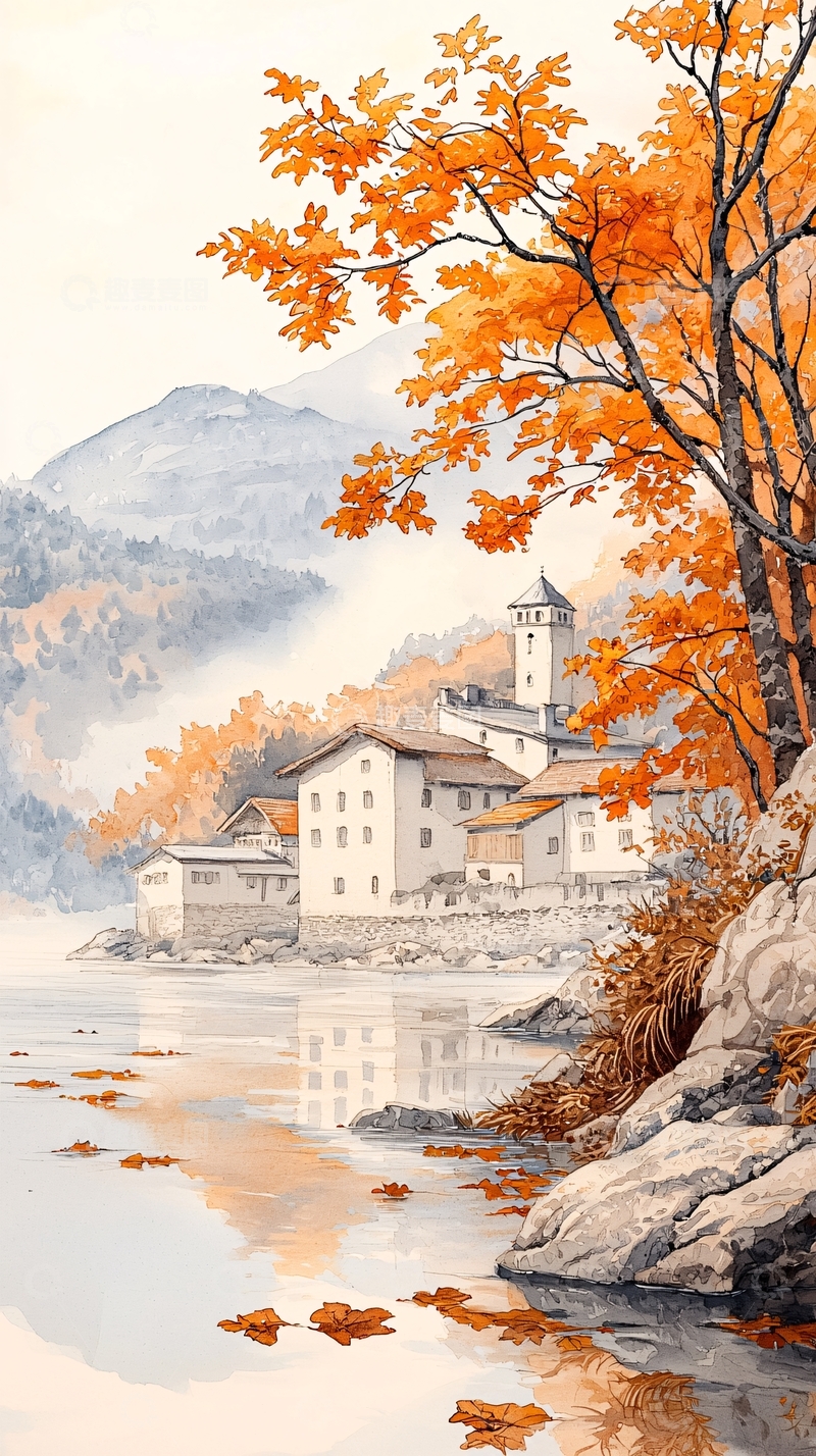 高清大图下载【趣麦麦图】秋日湖畔古村落