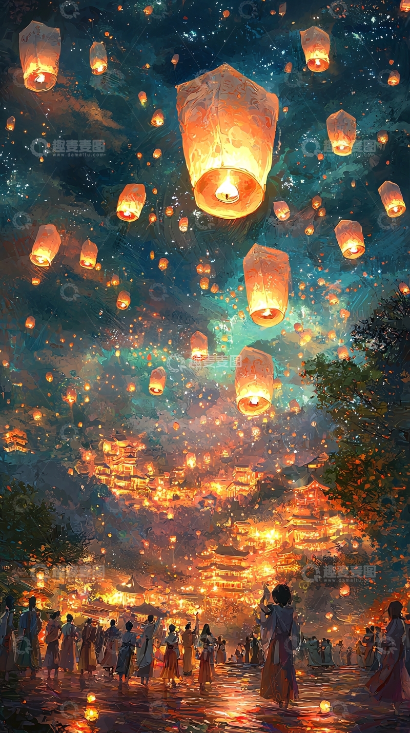 高清大图下载【趣麦麦图】夜空中放飞的天灯