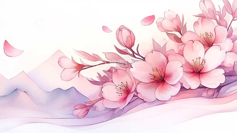 高清大图下载【趣麦麦图】樱花盛开的山景插画