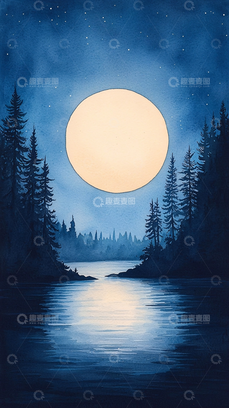 高清大图下载【趣麦麦图】月光下的森林河流夜景