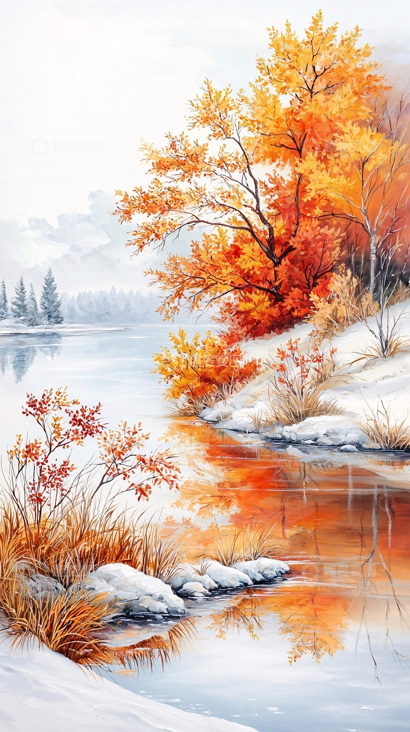 高清大图下载【趣麦麦图】秋日雪景中的河流与树木