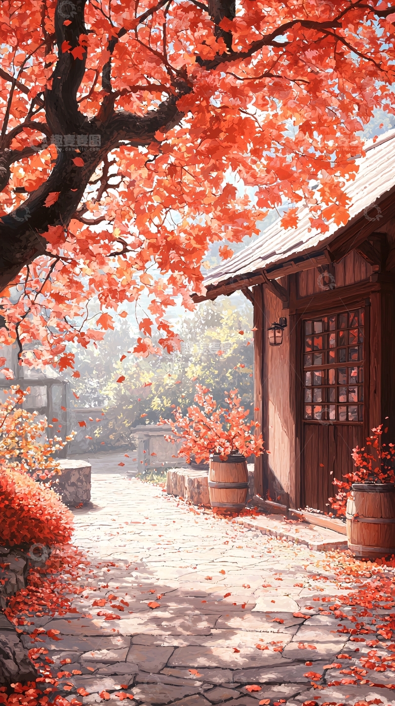 高清大图下载【趣麦麦图】秋日小院落叶铺石路