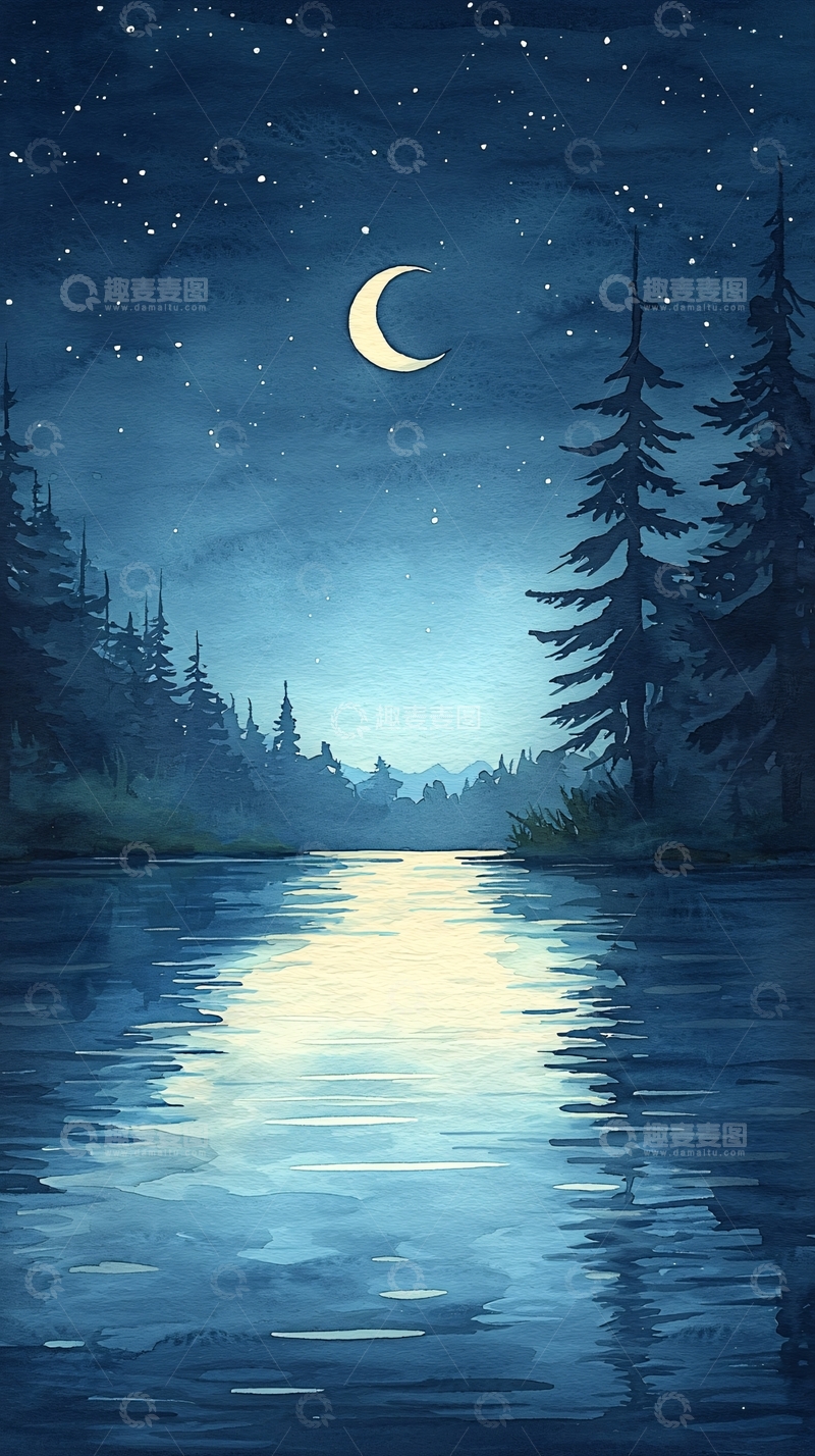 高清大图下载【趣麦麦图】月光下的宁静森林