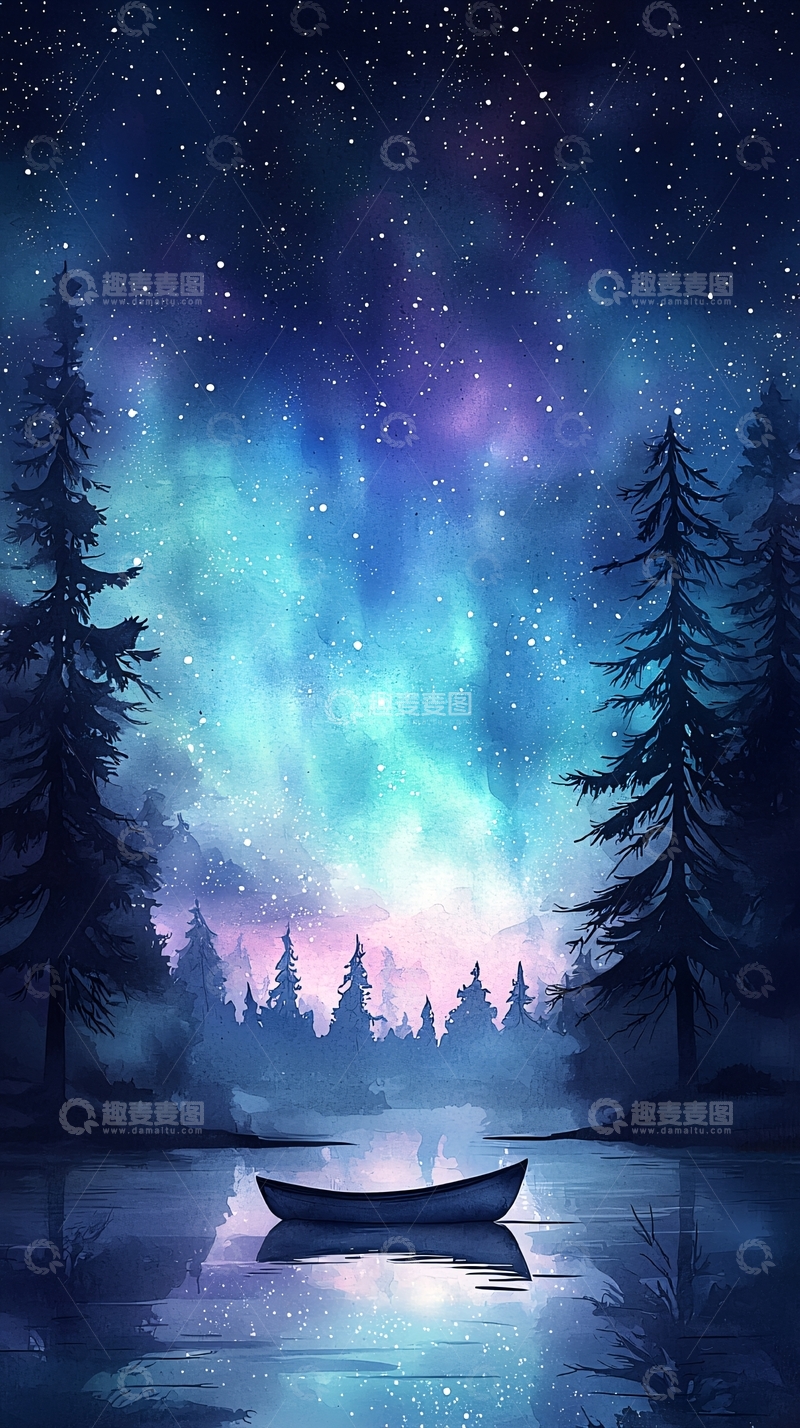 高清大图下载【趣麦麦图】夜色湖畔静谧小舟