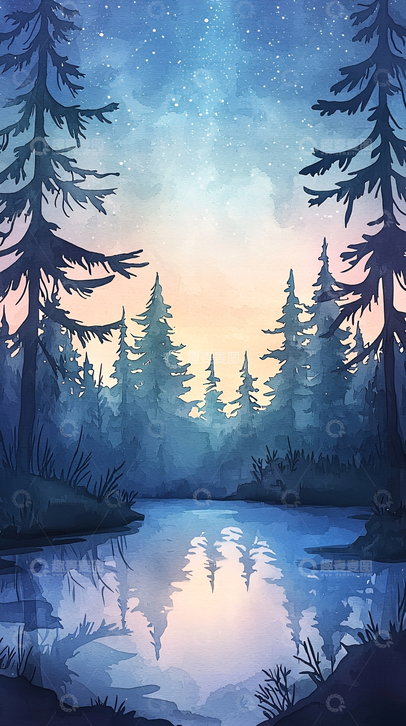 高清大图下载【趣麦麦图】冬夜森林湖景