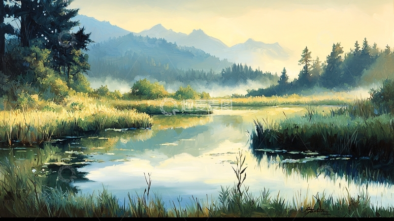 高清大图下载【趣麦麦图】晨雾中的静谧湖景