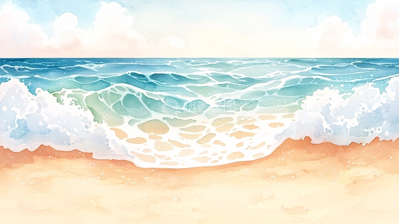 高清大图下载【趣麦麦图】海浪沙滩水彩画背景