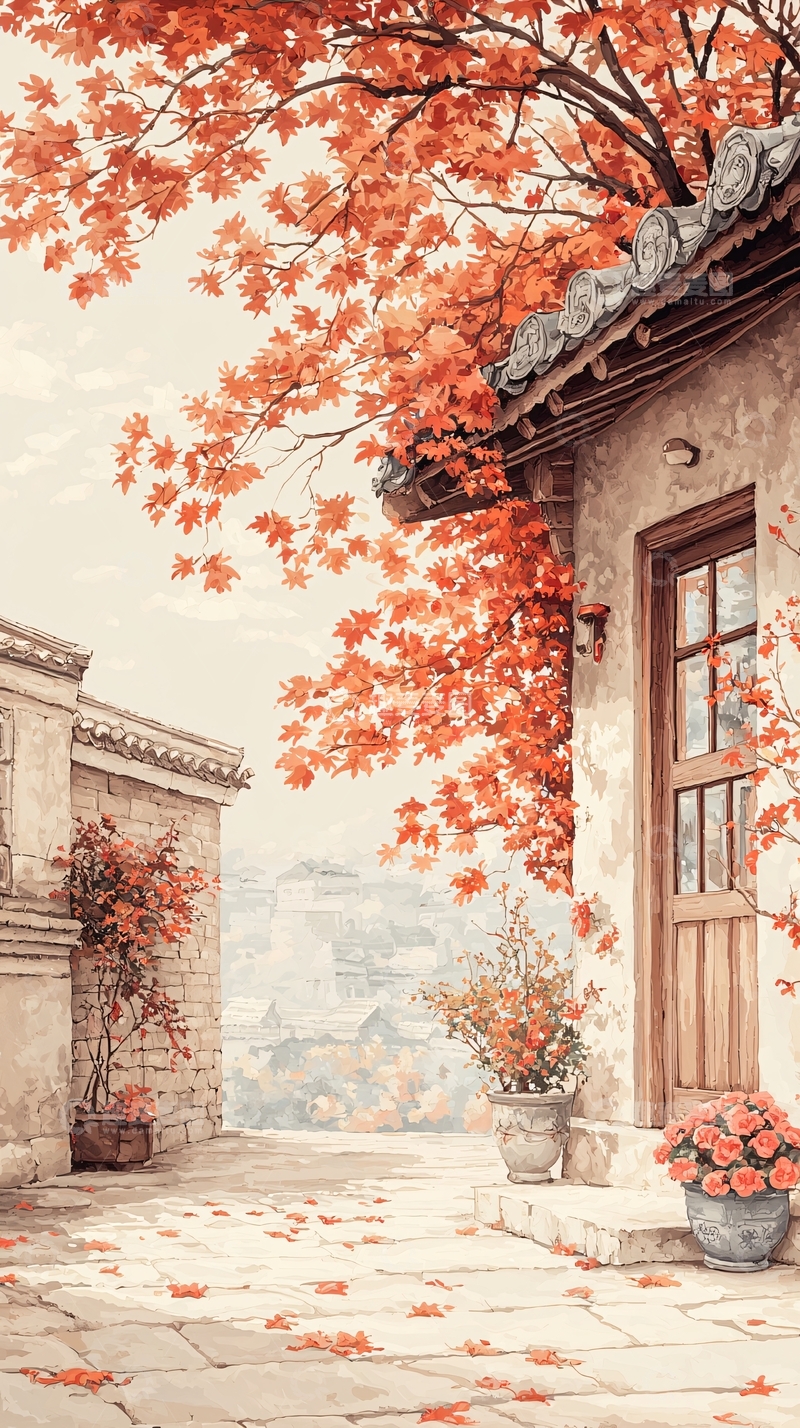 高清大图下载【趣麦麦图】秋日庭院风景画