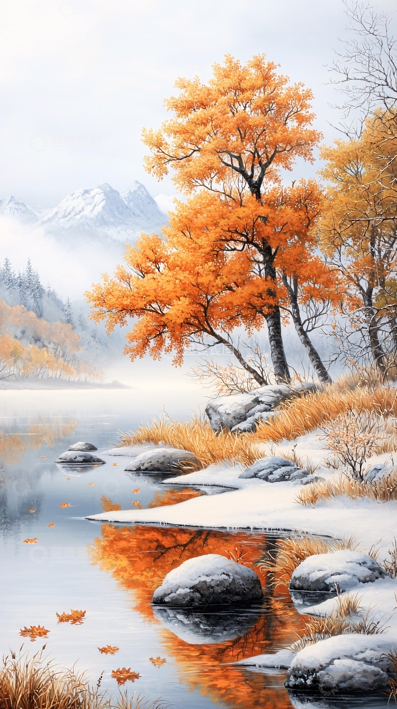 高清大图下载【趣麦麦图】秋日雪景中的静谧湖畔