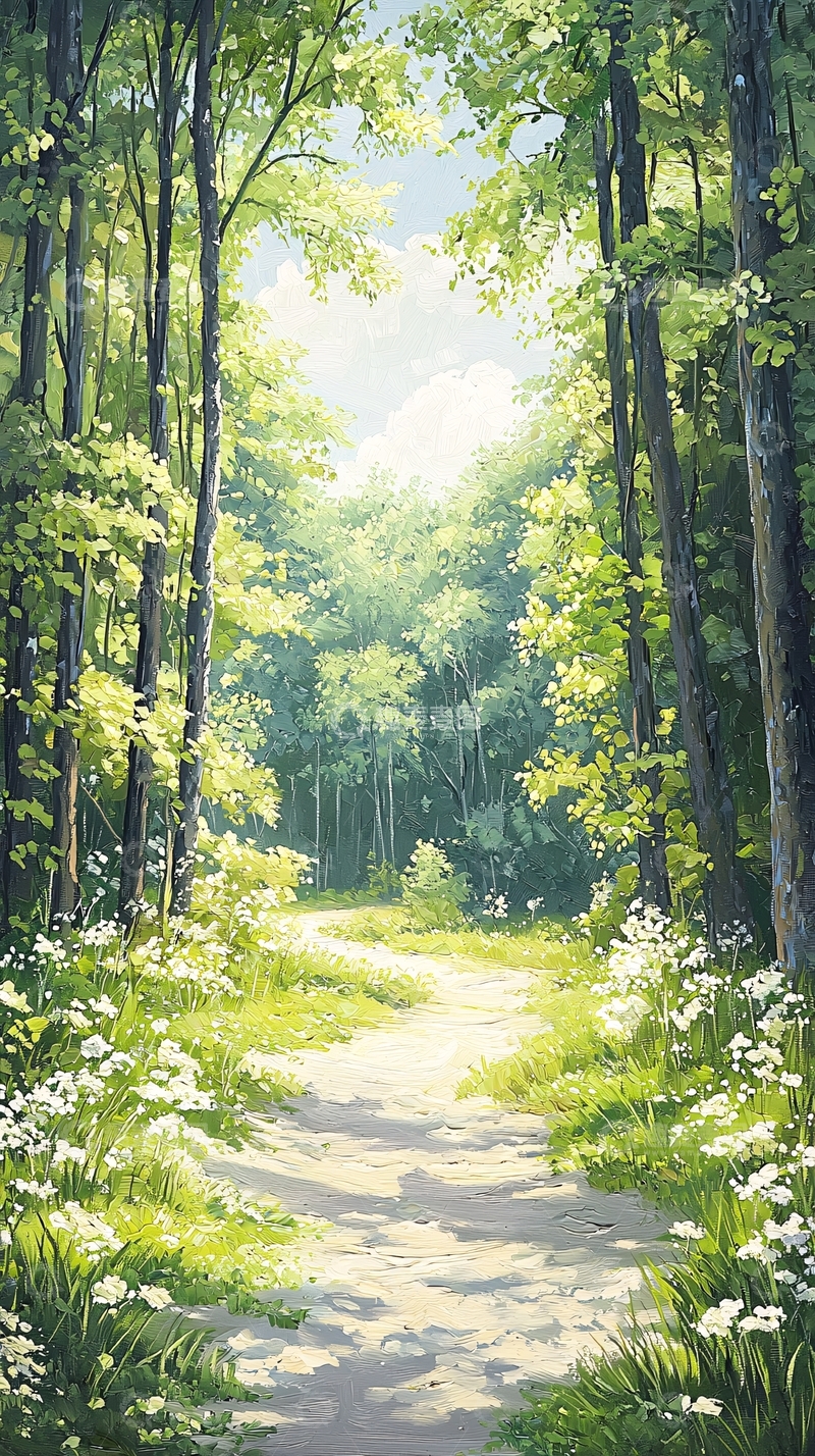 高清大图下载【趣麦麦图】森林小径上的阳光与花朵