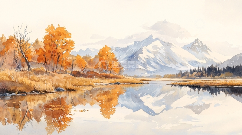高清大图下载【趣麦麦图】秋日雪山倒影湖畔风景