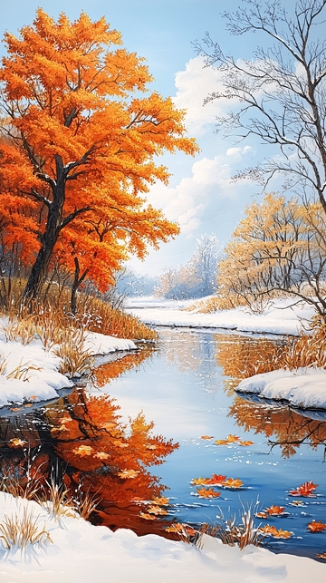 秋日雪景河流风景