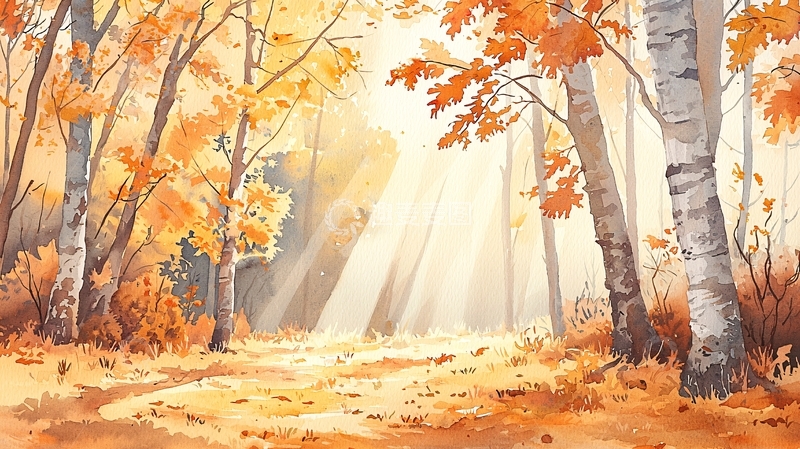 高清大图下载【趣麦麦图】秋日森林光影水彩画