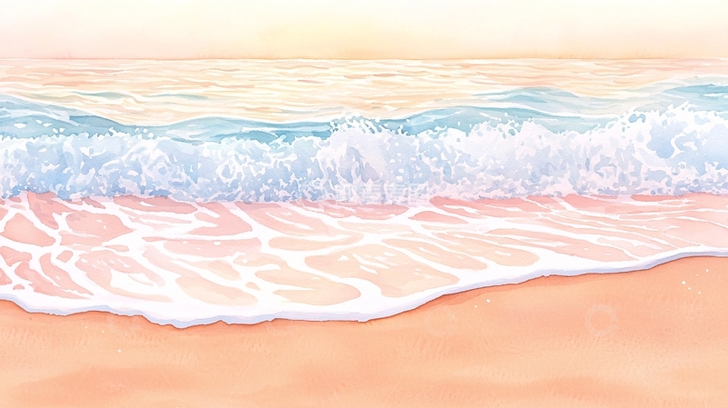 高清大图下载【趣麦麦图】粉色沙滩海浪水彩画