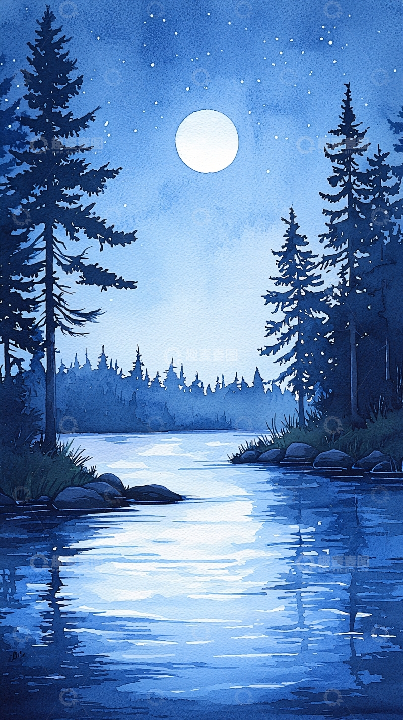 高清大图下载【趣麦麦图】月光下的宁静森林