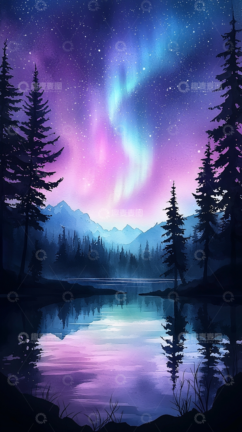 高清大图下载【趣麦麦图】极光下的静谧湖景