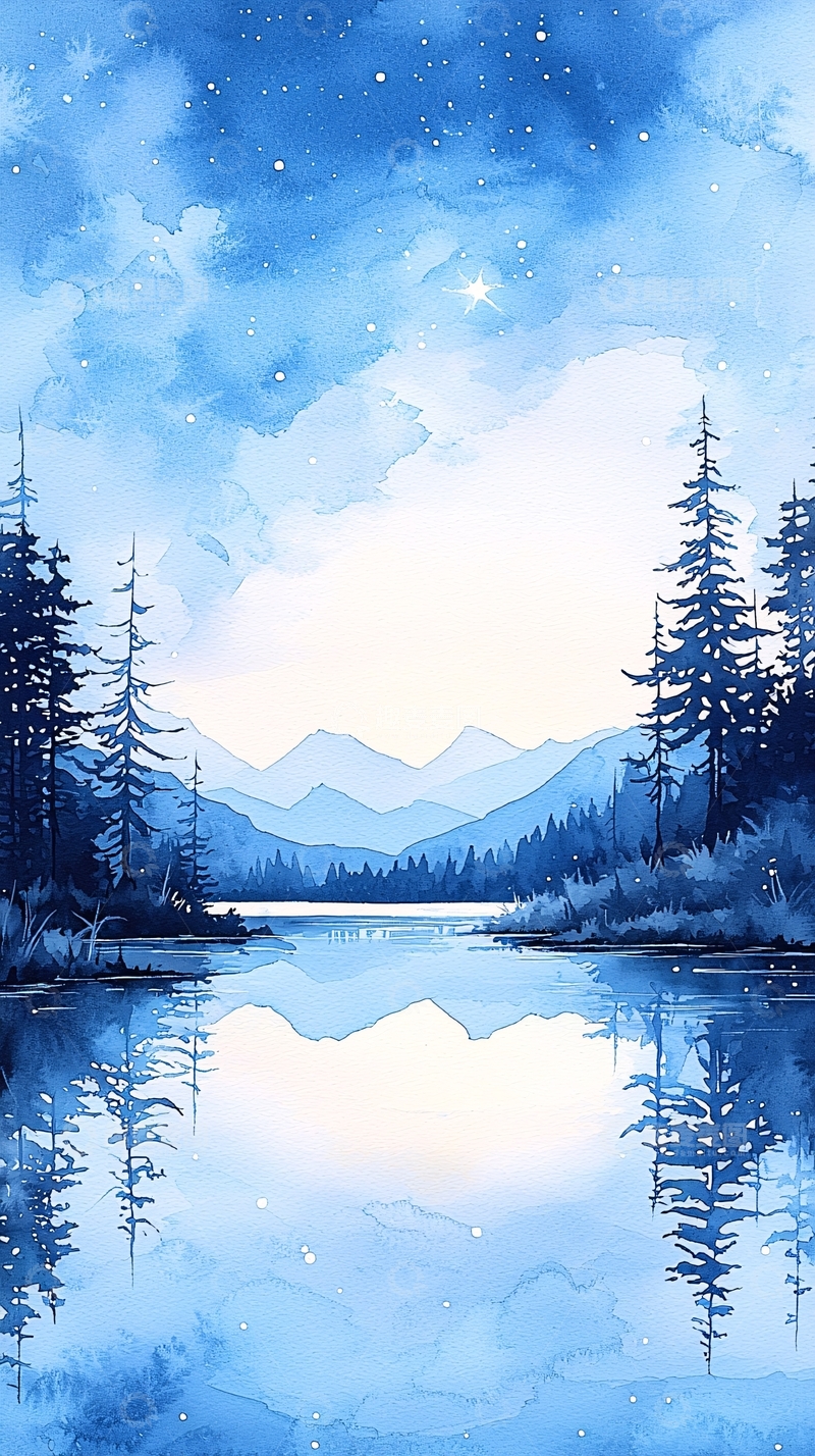 高清大图下载【趣麦麦图】冬夜湖畔静谧风景