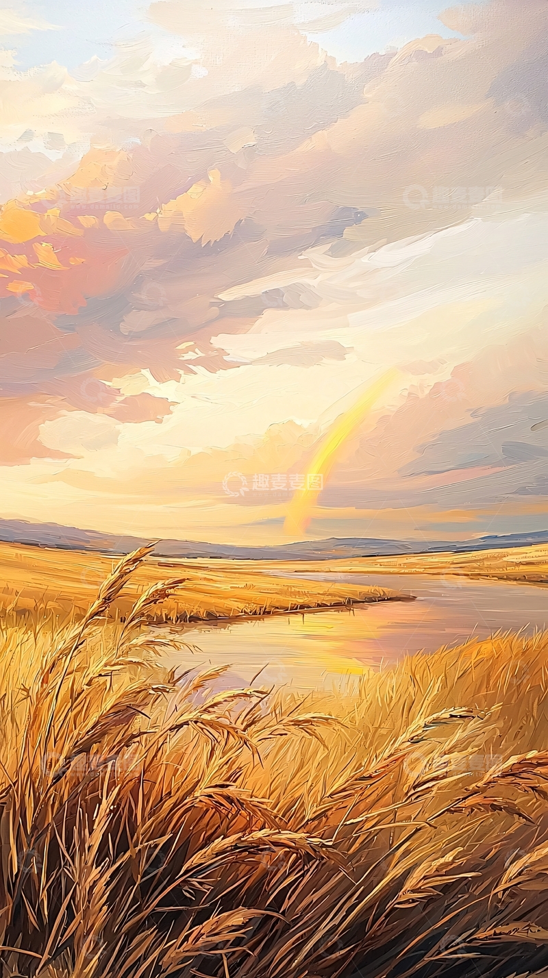 高清大图下载【趣麦麦图】夕阳下的麦田与彩虹
