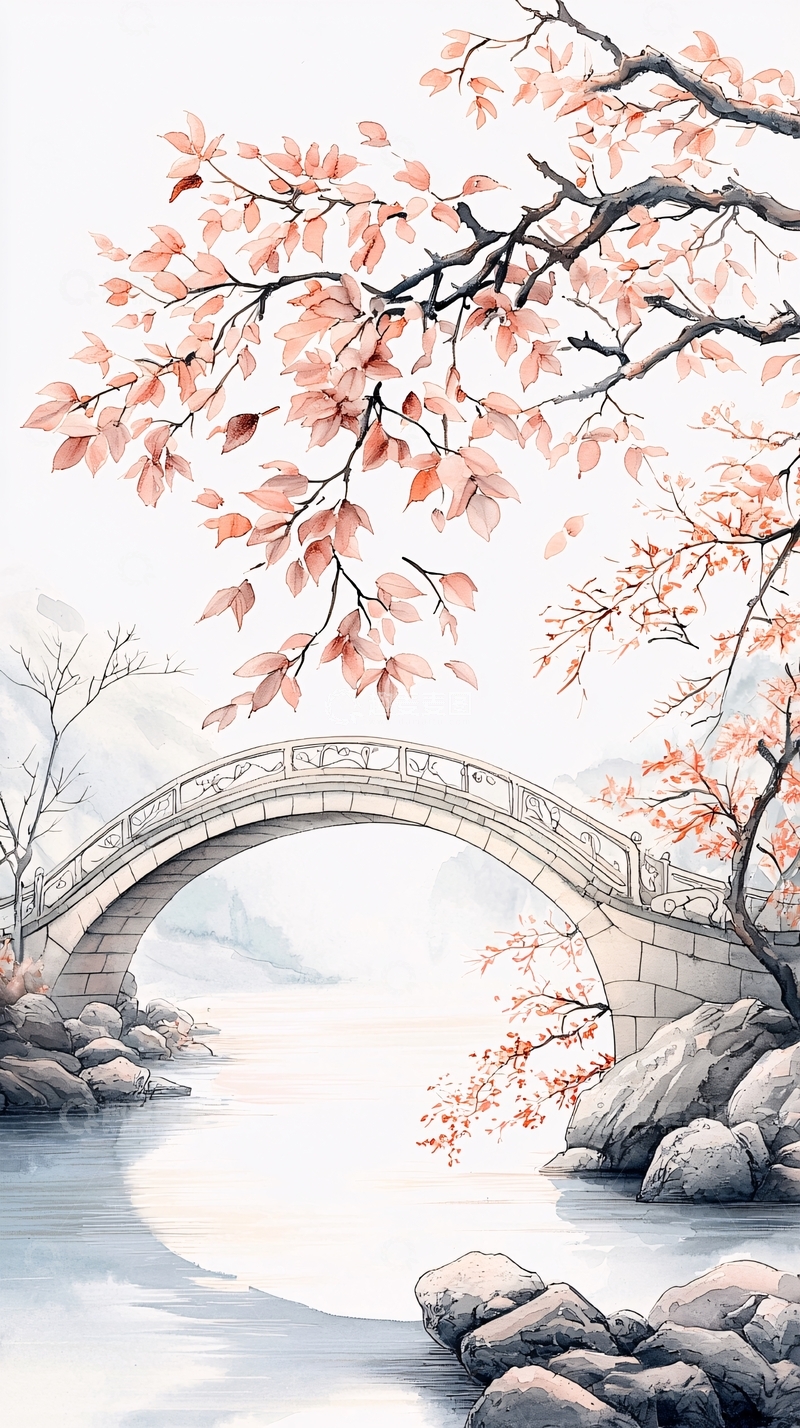 高清大图下载【趣麦麦图】秋日石桥与红叶风景