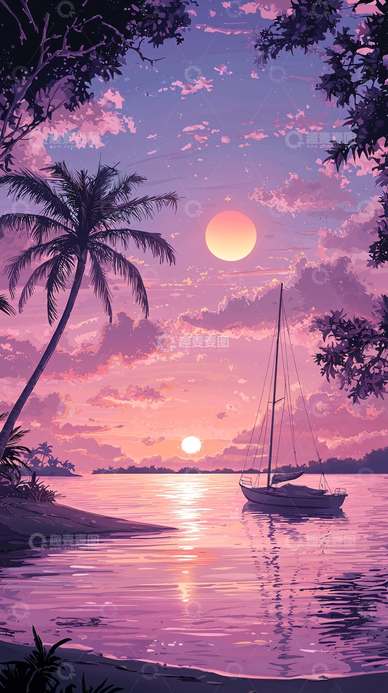 高清大图下载【趣麦麦图】夕阳下的帆船与椰树