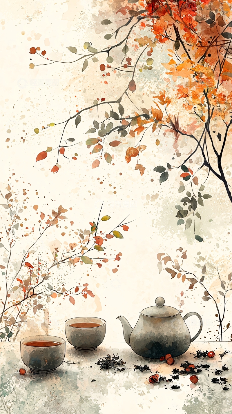 高清大图下载【趣麦麦图】秋日茶香与落叶