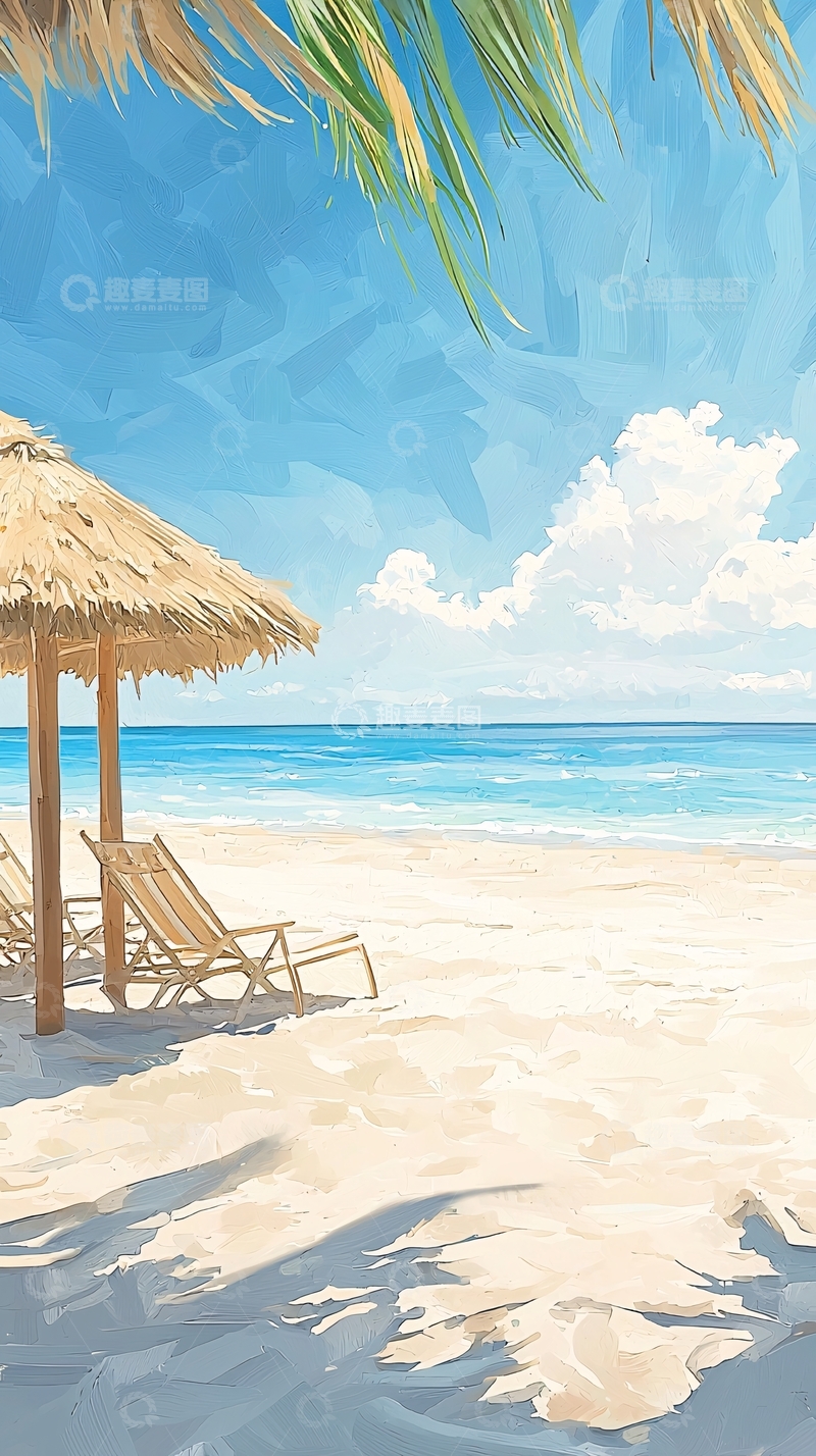 高清大图下载【趣麦麦图】海滩遮阳伞和躺椅