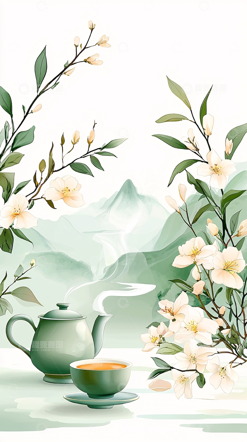 高清大图下载【趣麦麦图】茶香花影山水图