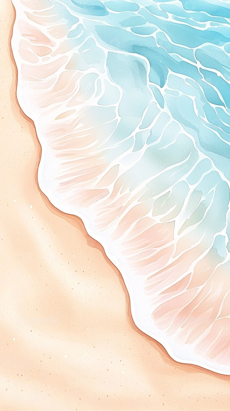 高清大图下载【趣麦麦图】海滩海浪沙滩水彩画背景图