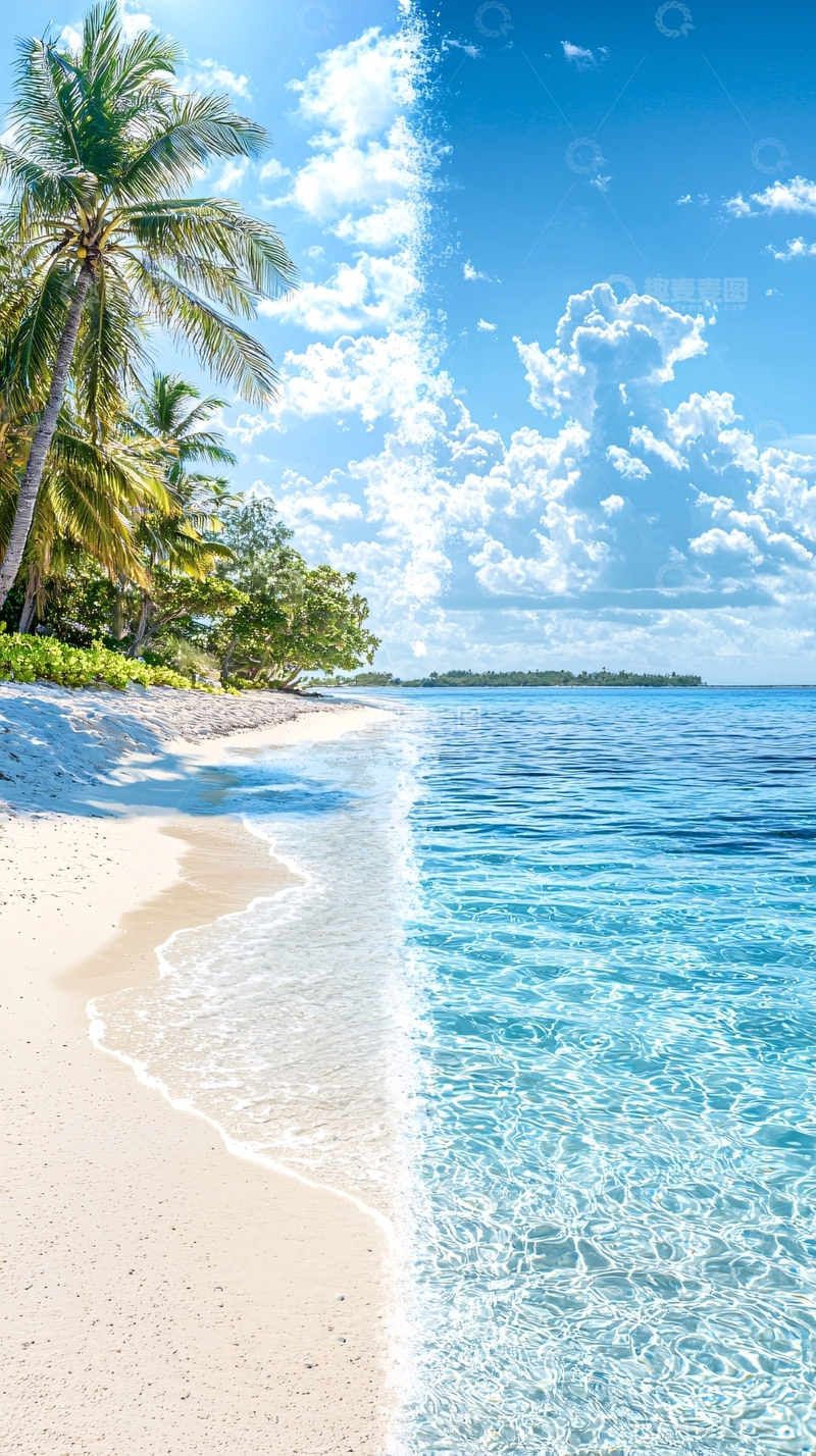 高清大图下载【趣麦麦图】热带海滩椰树蓝天白云
