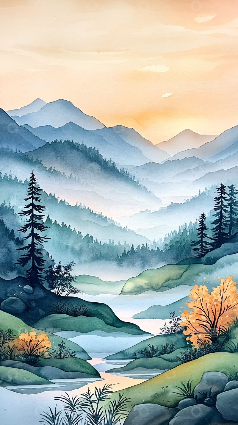 高清大图下载【趣麦麦图】秋日山间雾气缭绕