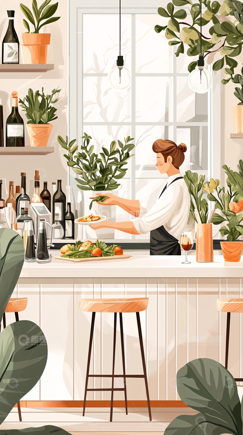 高清大图下载【趣麦麦图】绿色植物装饰的咖啡馆吧台